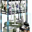Cleaning Supplies Organizer Cart with Wheels, Broom and Mop Holder with 5 Grippers, 6 Hooks, 3 Shelves, Rolling Broom Closet Storage Rack for Laundry Room, Kitchen, Bathroom, Garage, Poolside