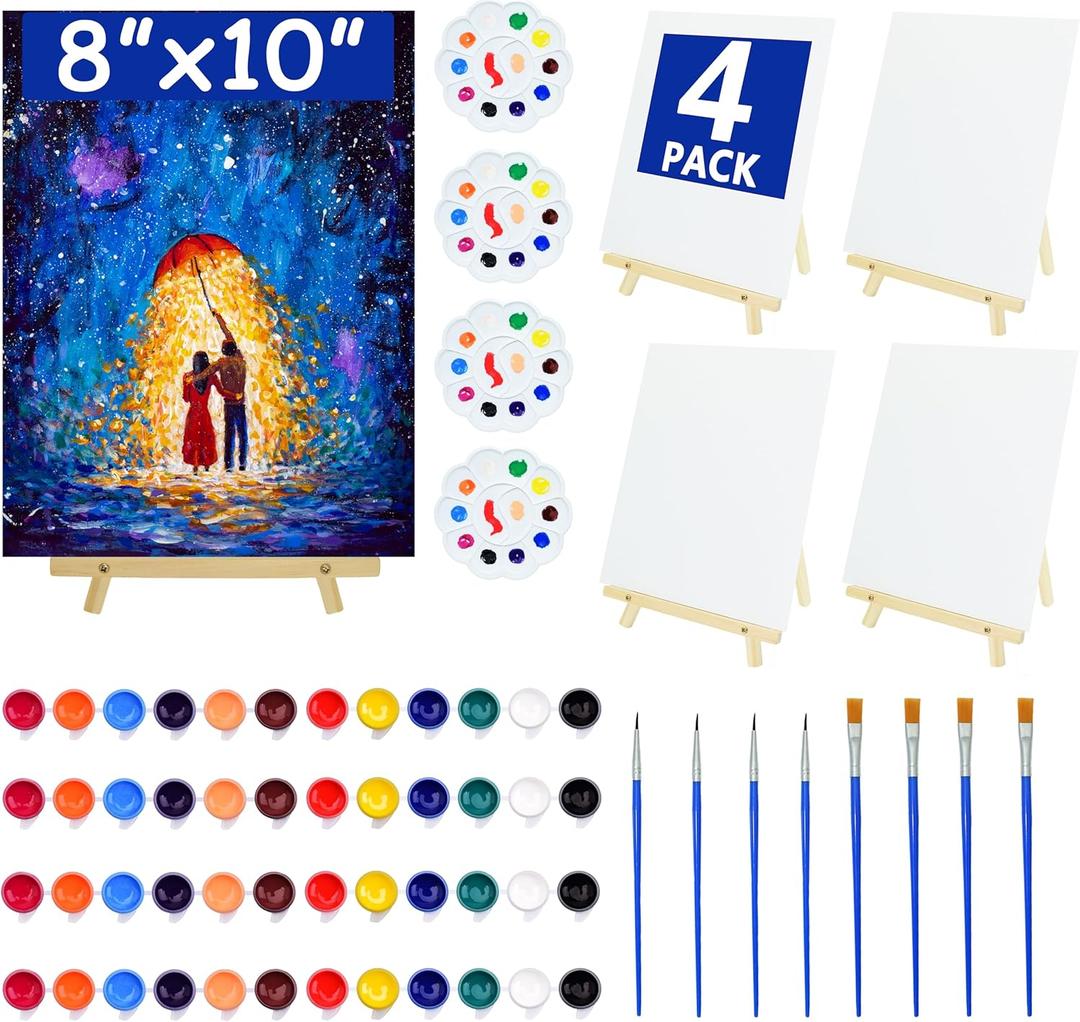 4 Pack 8x10 Inch Canvas and Easel Set, Sip and Paint Kit for Adults,Art Canvas Bulk with Easels Stands, Trays,Small Paint Brushes,12 Colors Mini Acrylic Paint Set for Couples and Party Supplies