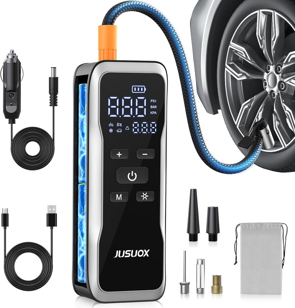 Tire Inflator Portable Air Compressor, Dual Power (Cordless & 12V DC) Air Pump for Car Tires, 150PSI Fast Air Pump for Moto, Bike, Large Capacity Battery, Digital Gauge with Emergency LED Light