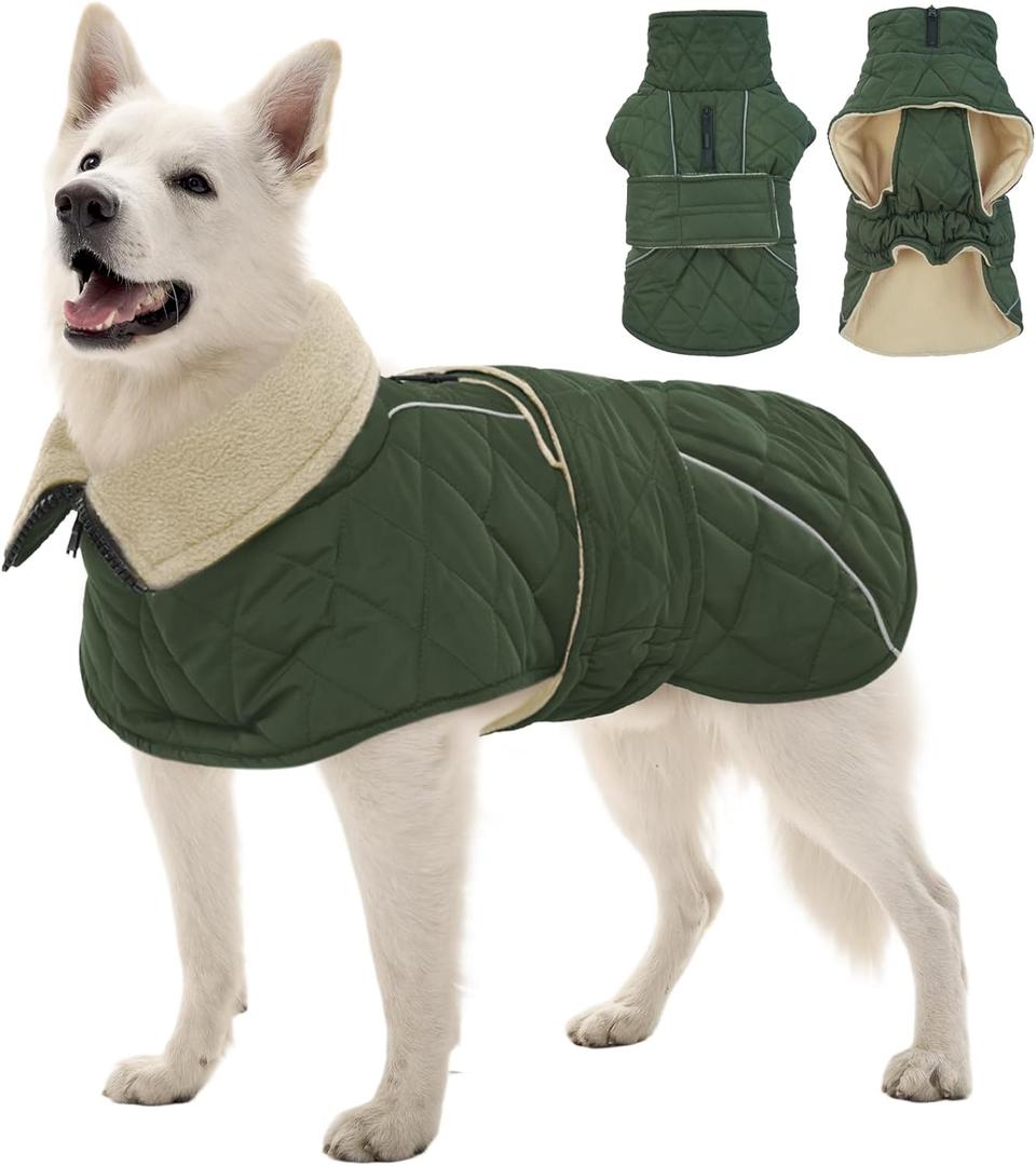 Kuoser Dog Coat, Super-Warm Dog Jacket Windproof Pet Cold Weather Coats for Extra Large Dogs, Fleece Lining Quilted Turtleneck Puppy Snowsuit Reflective Adjustable Doggie Winter Clothes, Green, 2XL (XX-Large (Chest: 76 - 90CM / 29.92" - 35.43"))