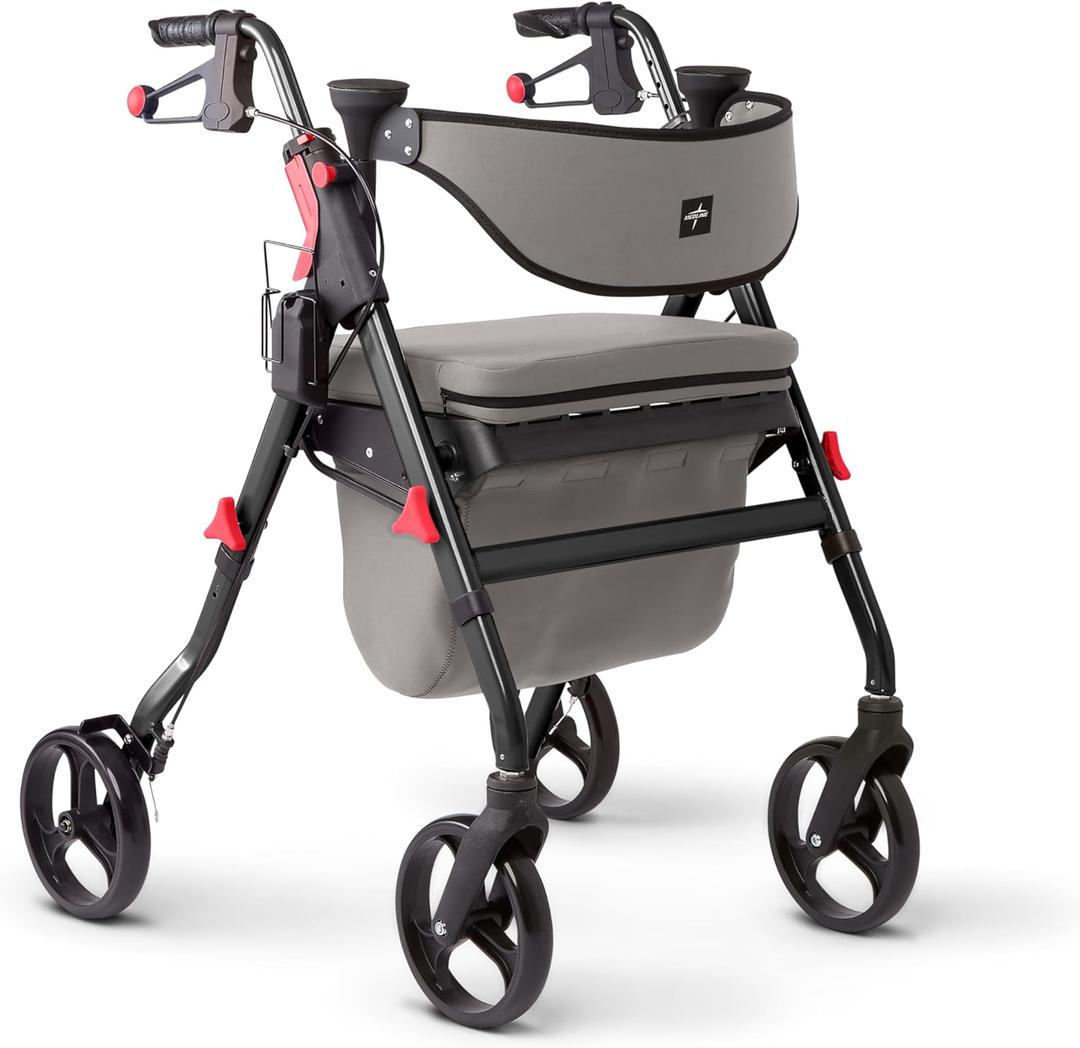 Medline Premium Empower Rollator Walker with Memory Foam Seat, Gray & Black, 300 lb. Weight Capacity, 8 Wheels, Microban* Technology, Cupholder, Rolling Walker for Mobility Impairment