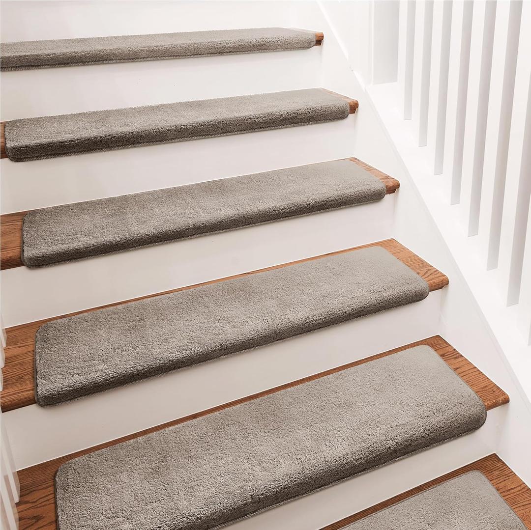 PURE ERA Carpet Stair Treads Ultra Plush 9.5" X 30"Soft Bullnose Indoor Stair Protectors Pet-Friendly Non-Slip Skid Resistant Tape Free Washable Reusable(2 Pieces, Cream Gray)