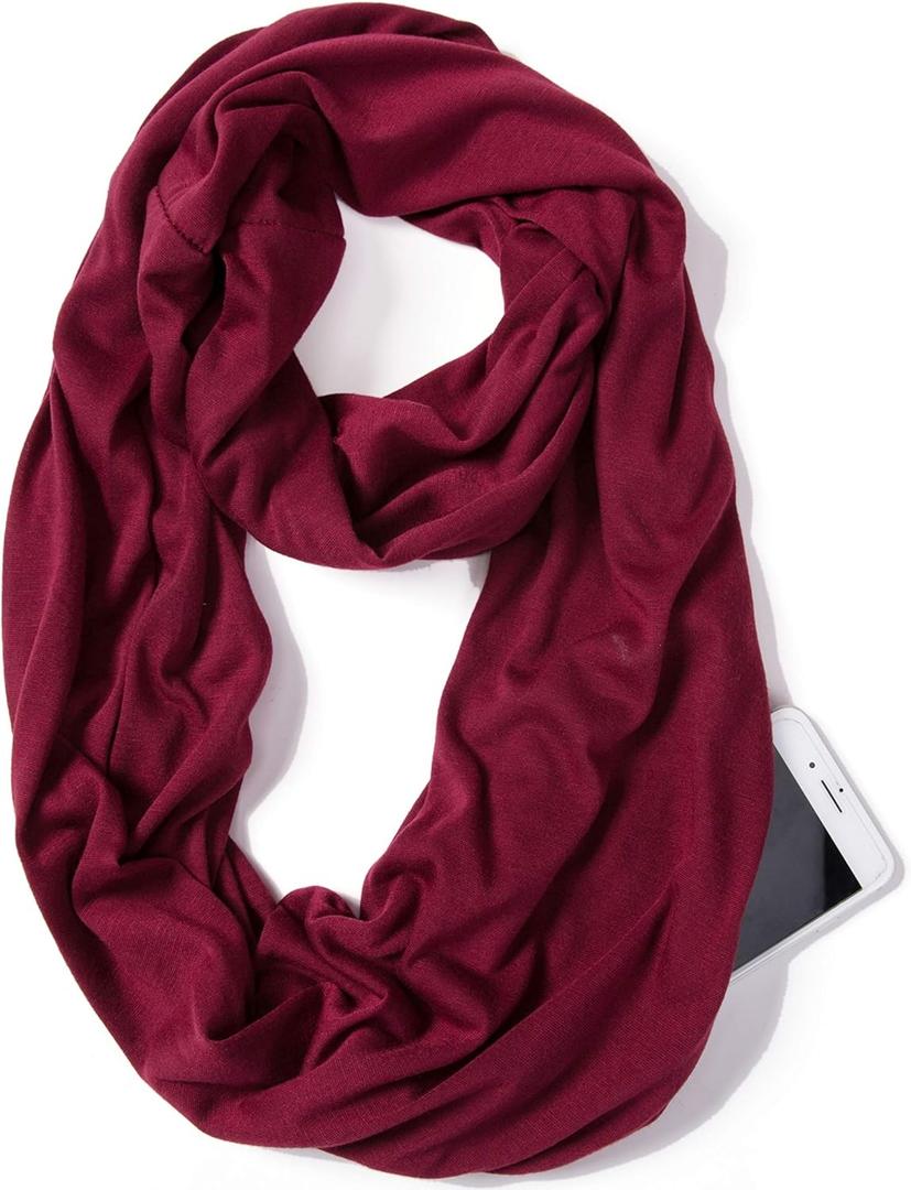 Elzama Infinity Loop Solid Color Scarf With Hidden Zipper Pocket For Women - Lightweight Travel Neck Wrap (03-burgundy)
