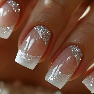 5 x Press on Nails Medium Square Fake Nails with Silver Glitter Design Sparkly French Tip Acrylic Style Artificial Fingernails for Women Party Prom Manicure 24Pcs, (Mix Nails )