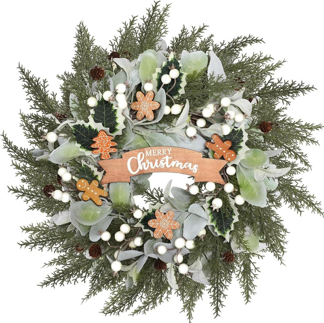 Christmas Gingerbread Wreath for Front Door 14 Inch Gingerbread Christmas Decoration Artificial Welcome Sign Wreaths with Lamb's Ear Leaves Holly Leaves Berry for Winter Farmhouse Holiday Decor (Green)