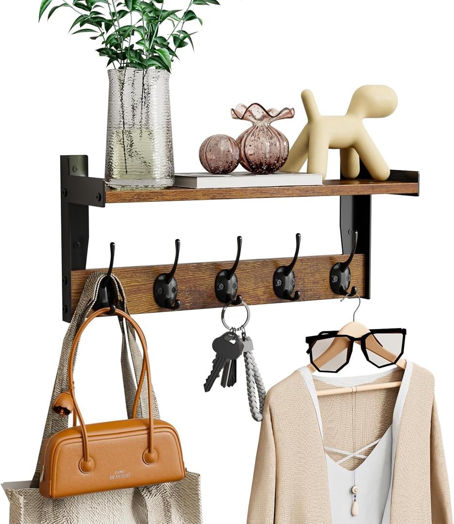 Wall Hooks with Shelf, Wood Coat Rack with Shelf Wall-Mounted, Entryway Hanging Shelves with 5 Metal Hooks for Clothes Hats Towel Purse Robes, Bathroom Mudroom Bedroom, Rustic Brown (16 inch Long)