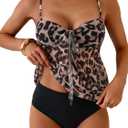 B2prity Tankini Swimsuits for Women, Tummy Control Flowy Mesh Tops, High Waisted Bottoms, Coquette 2 Piece Bathing Suits (Medium, Black Leopard Print)