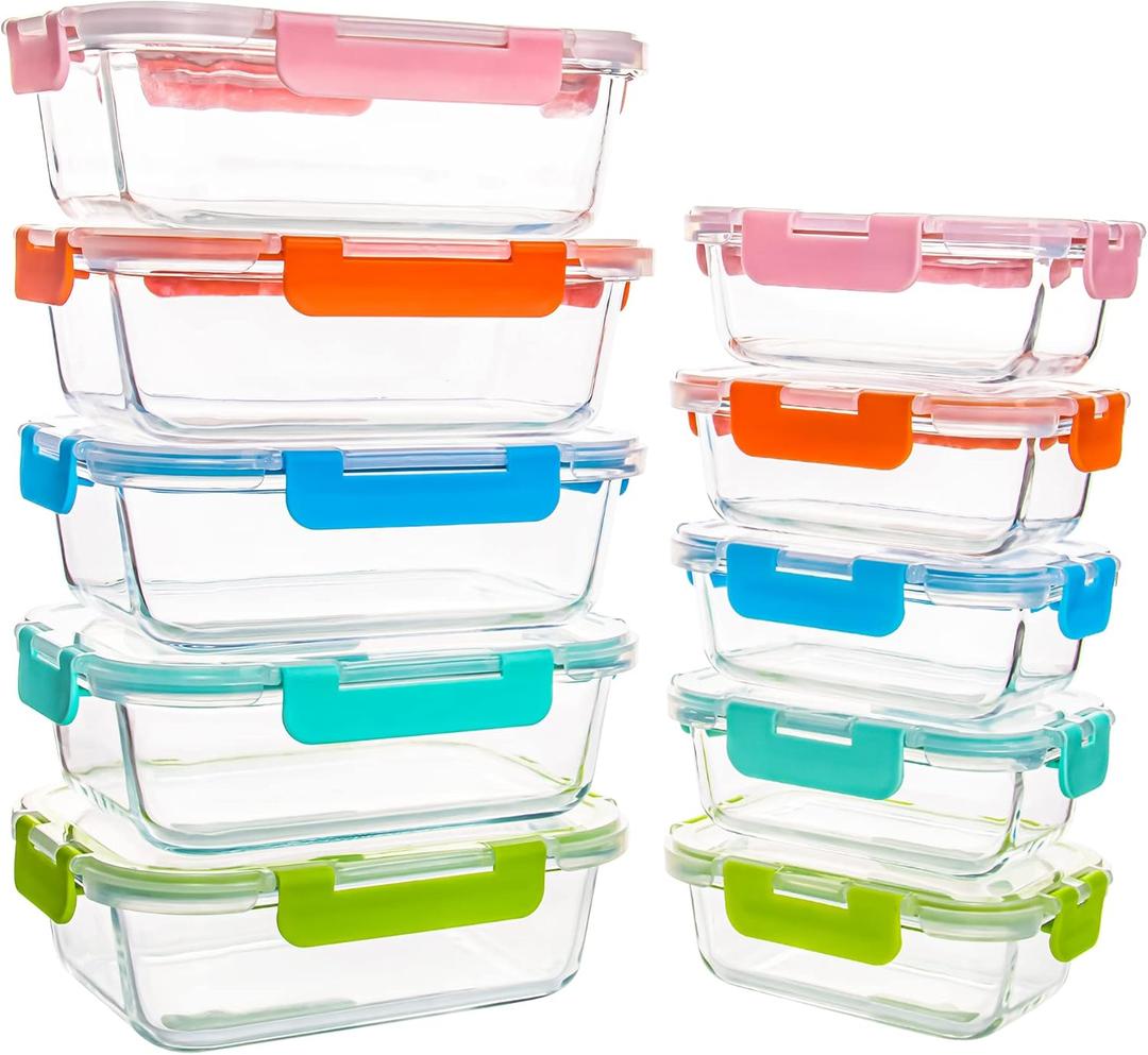 YARYOUNG 10 Pack Glass Food Storage Containers, Glass Meal Prep Containers with Lids Leak Proof, Clear Glass Bento Boxes for Adults, Microwave & Freezer Safe (34oz & 12oz) (colorful)