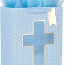 Loveinside Blue Gift Bag with Cross Design, Tissue Paper for Baby Boy Baptisms, Christenings, First Communions Religious Occasion- 10" x 5" x 13", 1 Pcs