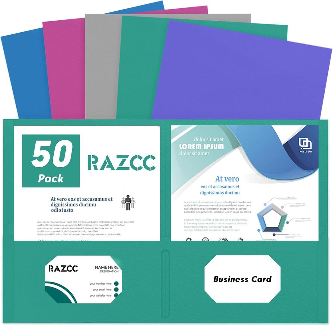 Two Pocket Folders, RAZCC 50 Pack 2 Pocket Folders Fit Letter Size Paper, Paper Folders with Pockets for School Office Business Home, Assorted 5 Colors