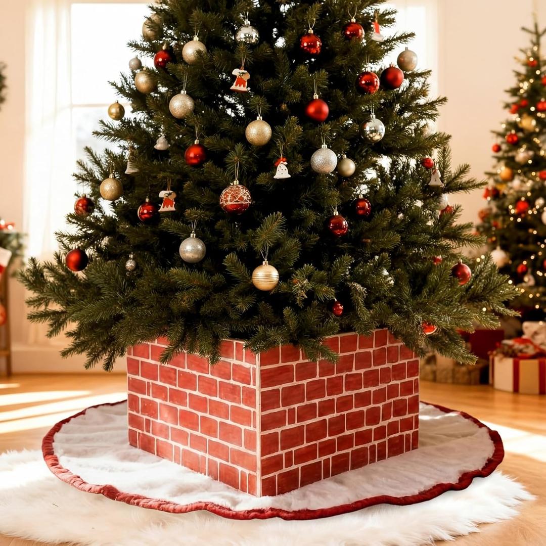 Weysat Christmas Tree Collar Box 16" Long 16" Wide 10" High 22" Diameter Rustic Red Brick Wooden Collar Stand Cover Square Skirt Box for Below 6ft Farmhouse Christmas Tree Decoration