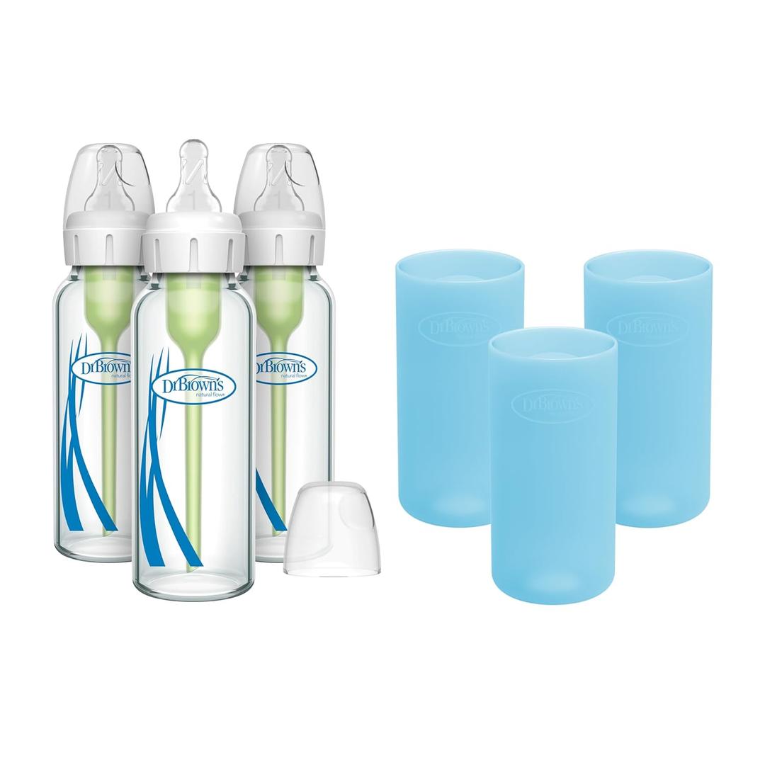 Dr. Brown's Anti-Colic Options+ Narrow Glass Baby Bottles 8 oz/250 mL, with Level 1 Slow Flow Nipple, 3 Pack 0m+ with Blue 100% Silicone Sleeves, BPA-Free