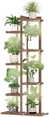 Solatmos Wood Plant Stand With Grow Lights Indoor Plants Outdoor Corner Plant Shelf Flower Stands for Living Room Patio Garden Corner Balcony (Brown, 7 Tier)