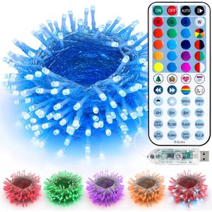BrizLabs RGB String Lights, Color Changing Red White Blue Patriotic Lights, 100 LED 33ft USB Mini Christmas Light String Dimmable, Remote Twinkle Fairy Light Clear Wire for Xmas Halloween Party Room