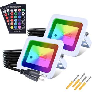 MIWAT 20W 2Pack LED Flood Light, Plug in RGB LED Color Changer Lamp with Remote, IP68 Waterproof Outdoor Floodlights for Wedding, Garden, Playground, Party
