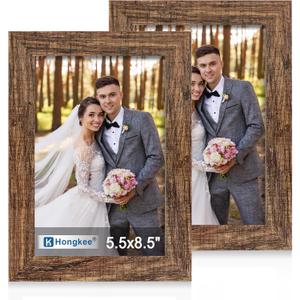 Hongkee 5.5 x 8.5 Diploma Frame Set of 2, Made of Real Glass and Rustic Brown Wooden Frame - 5.5 by 8.5 Photo for Wall or Tabletop