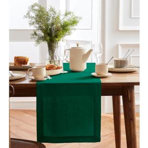 Solino Home 100% Pure Linen Dark Green Table Runner 48 Inches - 14 x 48 Inch for Coffee Tables, Dresser - Sonoma Collection