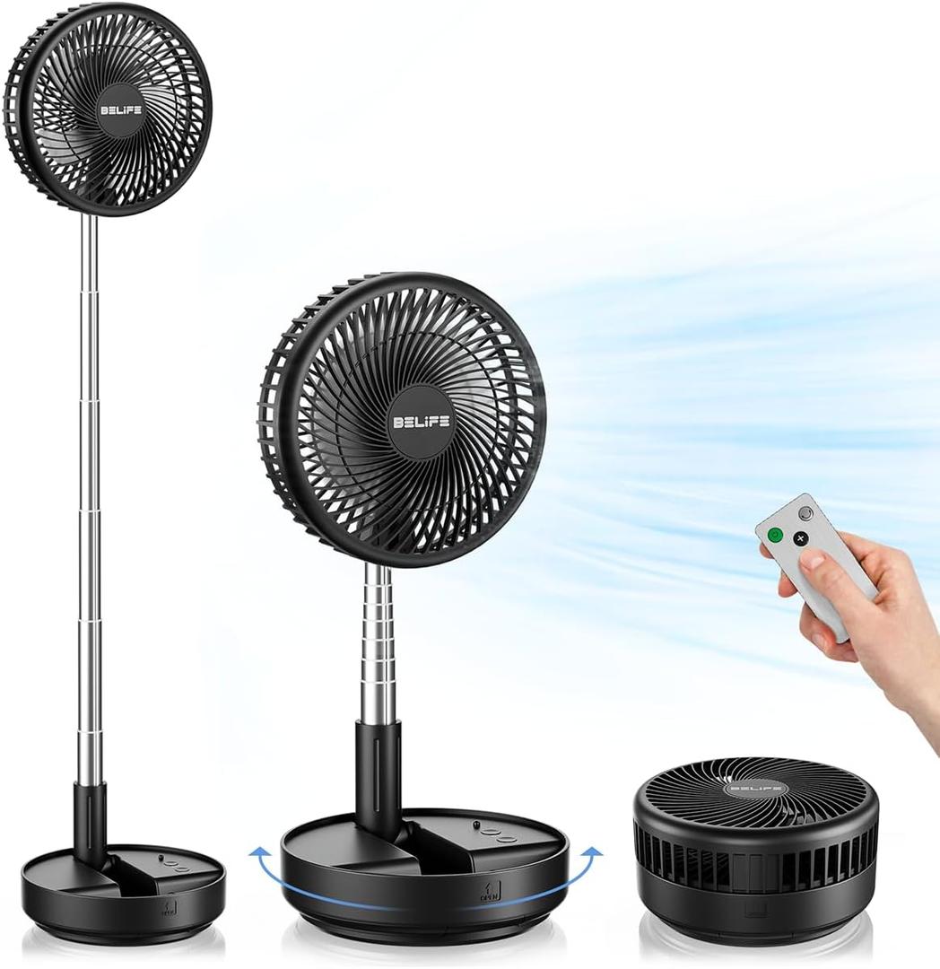 Belife X8 Portable Fan, 7200mAh Battery Powered Rechargeable, Oscillating USB Desk Floor Fan with Remote, Foldable Telescopic Fan for Home Bedroom Sleeping Office Camping Travel, 7.7" (Black)