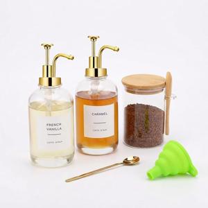 Coffee Bar Accessories, Coffee Syrup Dispenser-2 Pcs16.9 oz, Syrup Pump Dispenser for Coffee Bar, with Glass Bamboo Lid Jar with Spoon, Gold Pump Syrup Dispenser with Labels, 16.9 oz , Standard