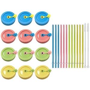 Mason Jar Lids,Regular mouth canning lids,Plastic Regular Mouth Mason Canning Lids with Straw Hole/Plastic Straws/Silicone Stoppers/Silicone Rings/Cleaning Brush,Decorative Mason Jars Caps (26 Pack)