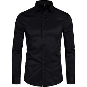DELCARINO Men's Long Sleeve Button Up Shirts Solid Slim Fit Casual Business Formal Dress Shirt (Black)