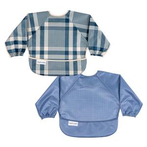 Tiny Twinkle Mess Proof Baby Bibs, 2pk Waterproof Smock Baby Bibs for Eating, Machine Washable Long Sleeve Bibs, Baby Led Weaning, Toddler Bibs, BLW Supplies (Gingham, Grid, Small 6-24 Months)