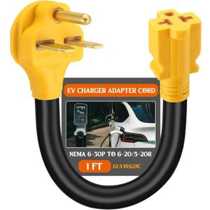 Tellegloww 6-30P to 6-20/15R or 5-20/15R EV Adapter Cord Compatible with NEMA, 30 Amp 3 Prong 240V Male 6-30P Female 6-20/15R or 5-20/15R T Blade for EV Charger Welder Heater, 12 AWG, 1FT, 12 Inch
