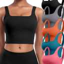 Womens Sports Bras 5 Packs - Square Neck Longline Workout Crop Tank Tops Padded Yoga Camisole with Built in Pads (Large, 5 Packs - Black/Dark Gray/Orange/Coral Pink/Peacock Blue)