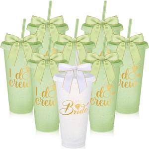 8 Pcs Bridesmaid Plastic Tumbler with Straw Lid and Twist Bow 24 oz I Do Crew and Bride Reusable Tumbler Bridal Party Proposal Gifts Bachelorette Party Gifts for Wedding Bridal Bridesmaid(Green)