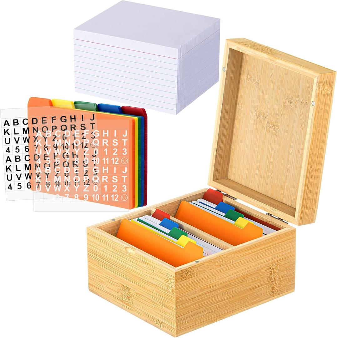 Henoyso 3 x 5 Index Card Holder Set, Large Capacity Bamboo Organizer with 300 Note Cards, 30 Color Dividers, 2 Sticker Sheets, Holds up to 1200 Flashcards for Recipes, Study, Classroom, Office