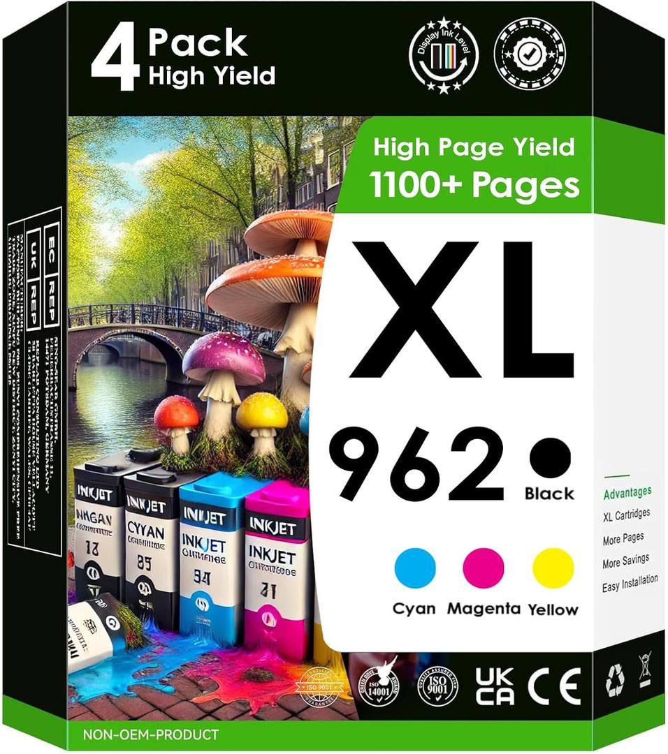 AMAZINK 962XL Ink Cartridges, 4 Pack (BK,C,M,Y) for OfficeJet Pro 9010, 9015, 9020, 9025, 9012, 9014, 9016, 9019, 9022, 9026, 9028 Printers