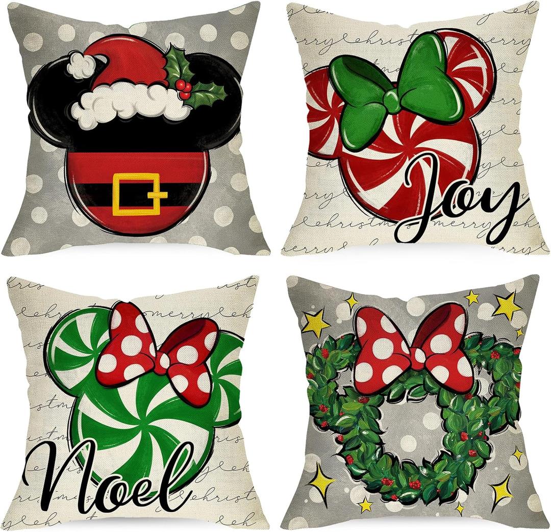 Merry Christmas Gray Decorative Throw Pillow Covers 18x18 Set of 4, Xmas Candy Cane Wreath Polka Dots Bow Cushion Case Decor, Noel Joy Winter Holiday Farmhouse Home Sofa Couch Decoration (Grey)
