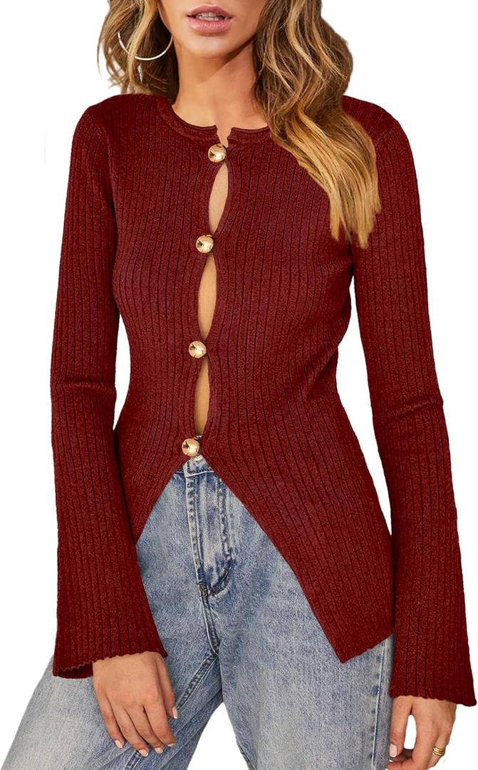 Womens 2026 Spring Slim Fitted Sweater Golden Button Split Tops Trendy Long Sleeve Open Front Knit Cardigan, Large