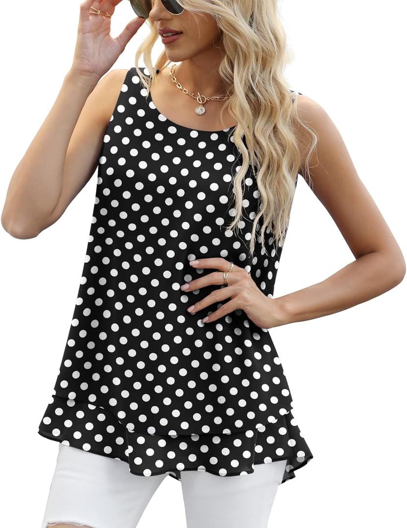 Jouica Women's Sleeveless Chiffon Tank Top Double Layers Casual Blouse Tunic (Black, XXL)