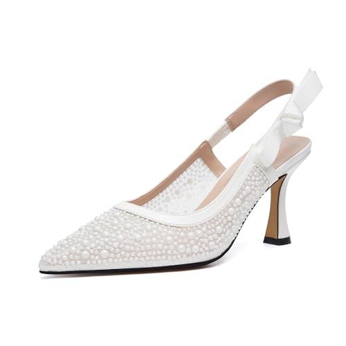 Beauty Cry Womens White Pearl Heels Pointed Closed Toe Slingback Bow Pumps for Wedding Party Date, 38