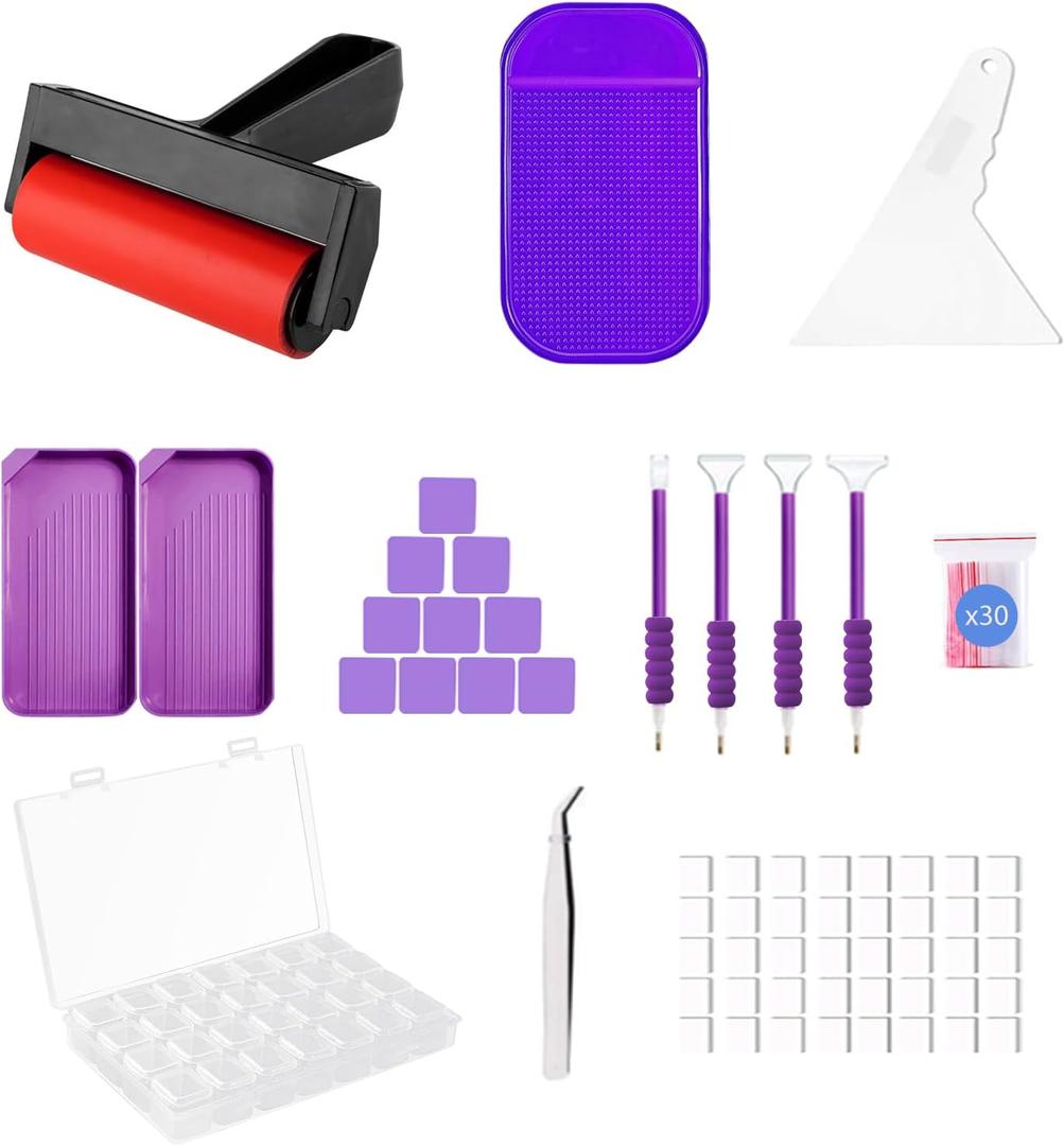 LIRUNQIU 46 PCS Diamond PaintingTools Kit, Complete Accessories Set with Anti-Slip Mat, Tweezers, Roller, Wax Pen, Storage Containers, Trays for Adults Kids Beginners Art Crafts(Purple)