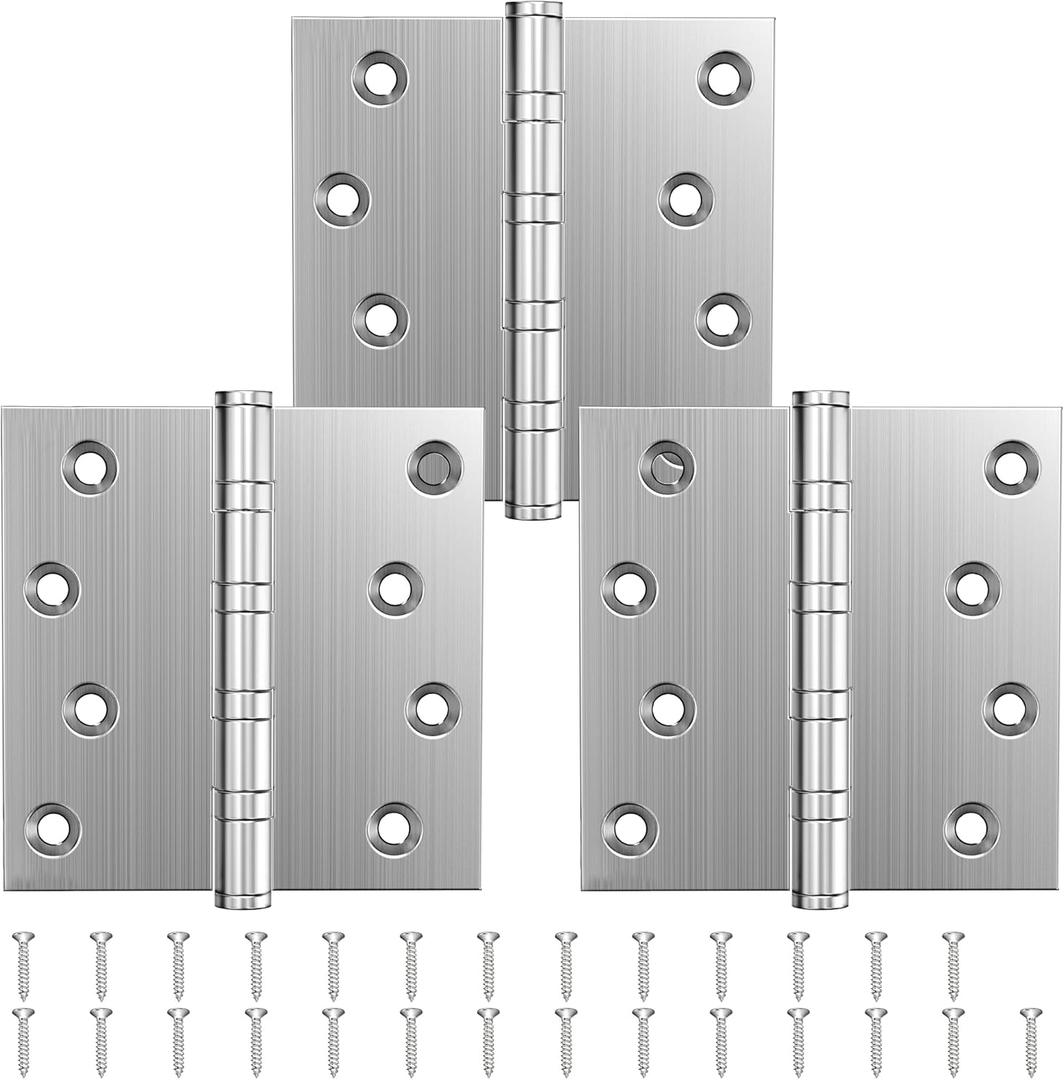 KOLET Ball Bearing Door Hinges, 4 x 4 Inches Door Hinges, Square Corner, Stainless Steel Hinges, Heavy Duty, Smooth and Non Removable Pin, Brushed Nickel, 3 Pack