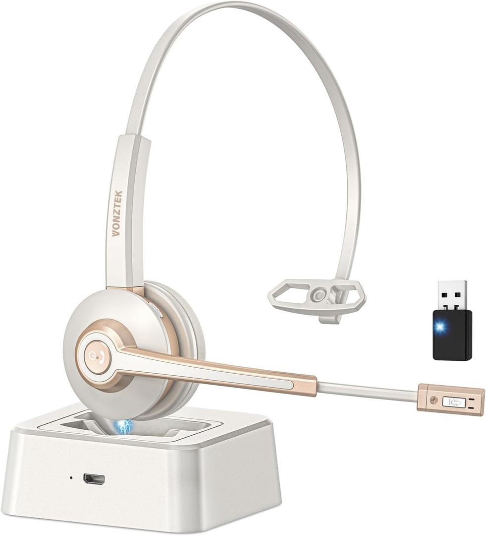 Bluetooth Headset with Microphone,Wireless Headset V5.2 with AI Noise Canceling Mic&USB Dongle, Wireless Headphones with Charging Base and Mute Function for Computer/Phone/Office/Skype (White Gold)