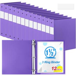 Henoyso 12 Pcs Purple 1.5 Inch 3 Ring Binder Bulk, Fits Letter Size 8.5'' x 11'' Paper, Holds 350 Sheets, 2 Pockets Plastic Binders Pack for School Office Home Organization, Press-to-Open Ring