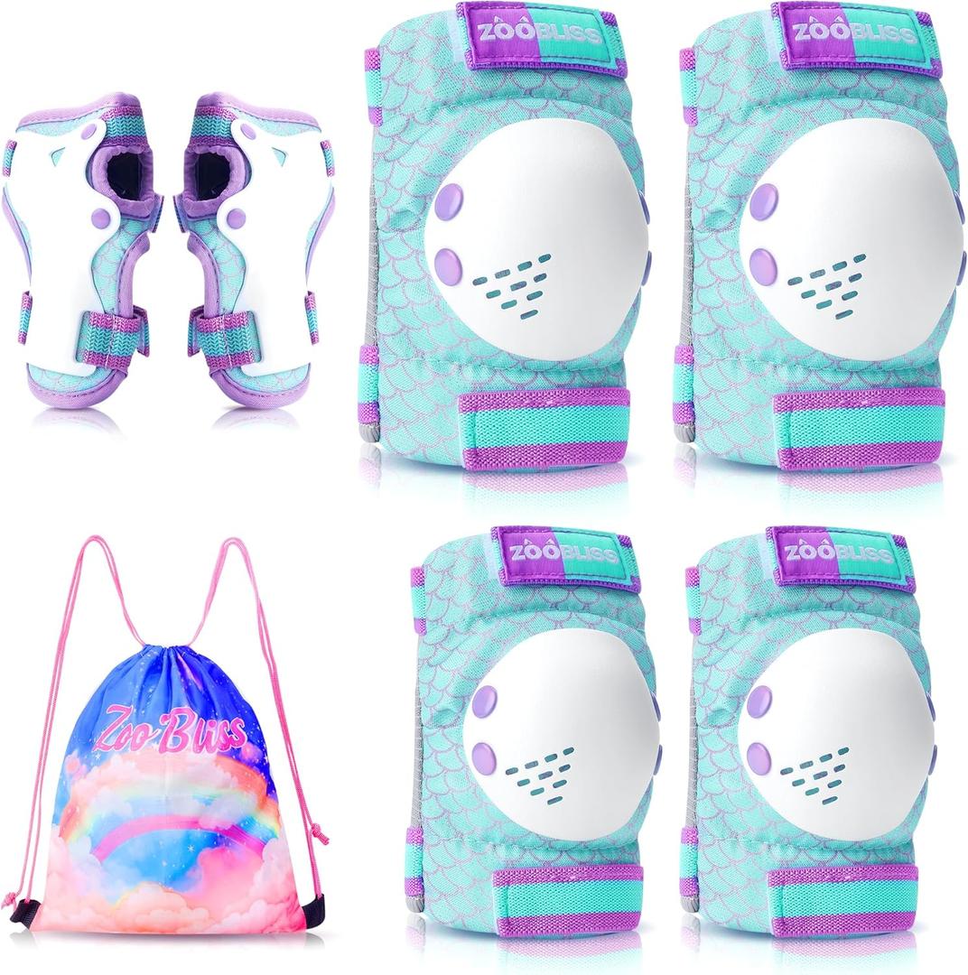 Knee Pads for Kids - ZOOBLISS Toddler Knee and Elbow Pads Set Wrist Guards for Skating Girls Aged 3-12, Kids Protective Gear for Roller Skates Skateboard Bike Scooter, Included Drawstring Bag(Rainbow) (Medium, Mermaid Cyan)