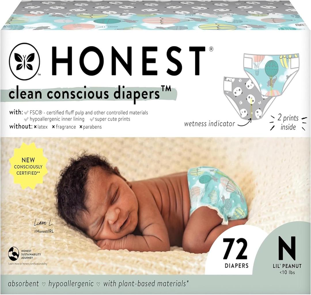 The Honest Company Clean Conscious Diapers for Sensitive Skin | Hypoallergenic, Fragrance Free | Gender Neutral Prints | Club Box, Size Newborn, 72 Count (Newborn (72 Count), Above It All + Pandas)