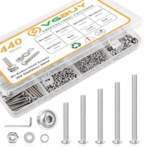VGBUY 440pcs M3 Screw Assortment Kit, M3 Screws Bolts for 3D Printer DIY, Hex Button Head Cap Screws Bolts Nuts Washer Kit, 304 Stainless Steel, 25/30/35/40/45mm