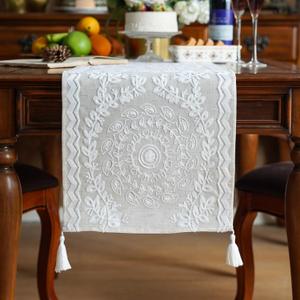 ARTABLE Embroidery Table Runners Linen Fabric Elegant Dresser Scarf with Tassel Country Boho Farmhouse Style for Coffee Tabletop Kitchen Home Dining Table (Linen, 14 x 108 Inch)