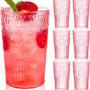 Ciaell 12 Pack Romantic Plastic Water Glasses - 14 Oz Pink Vintage Drinking Glasses, Embossed Ribbed Plastic Cups, Textured Striped Set for Juice, Beverages, Beer, Cocktail