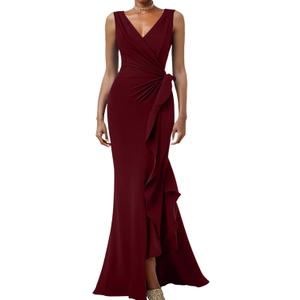 Women's Elegant Sleeveless V Neck Bodycon Ruched Split Wrap Wedding Evening Formal Long Dress (Red, M)