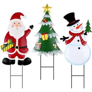 3 Pcs Christmas Decorative Metal Stakes Outdoor Christmas Decor Metal Xmas Snowman Santa Claus Tree Yard Decorations for Garden Lawn Yard Signs