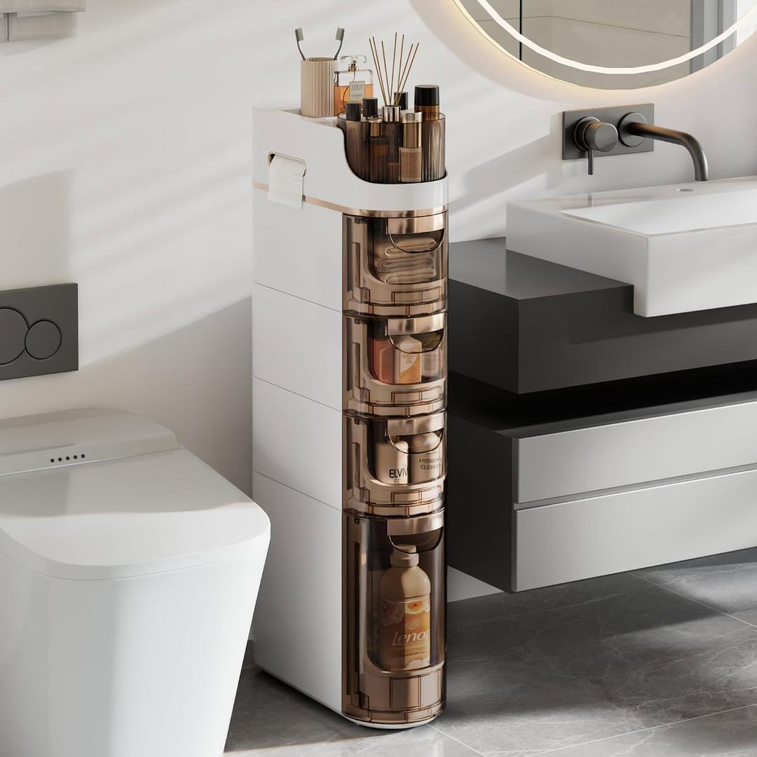VECELO 4-Tier Slim Bathroom Storage Cabinet with Wheels, Skinny Bathroom Storage Cabinet with Drawers, Toilet Paper Holder, Movable Narrow Floor Cabinet for Small Space, Bathroom, 16.14" x 6.69" x 34.84"