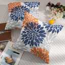 Navy Blue Orange Pillow Covers 18x18 Set of 2 Fall Colored Grey Gray Dahlia Flower Outdoor Decorative Throw Pillows Autumn Themed Farmhouse Pillowcases Linen Cushion Case Decor for Sofa Couch Bed