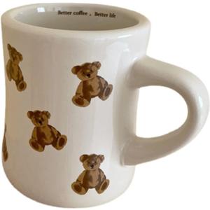 Women Girls Creamy White Cartoon Bear Mugs Ceramic Coffee Mug Water Cup 350ML/12OZ. Cute Funny Novelty Gift