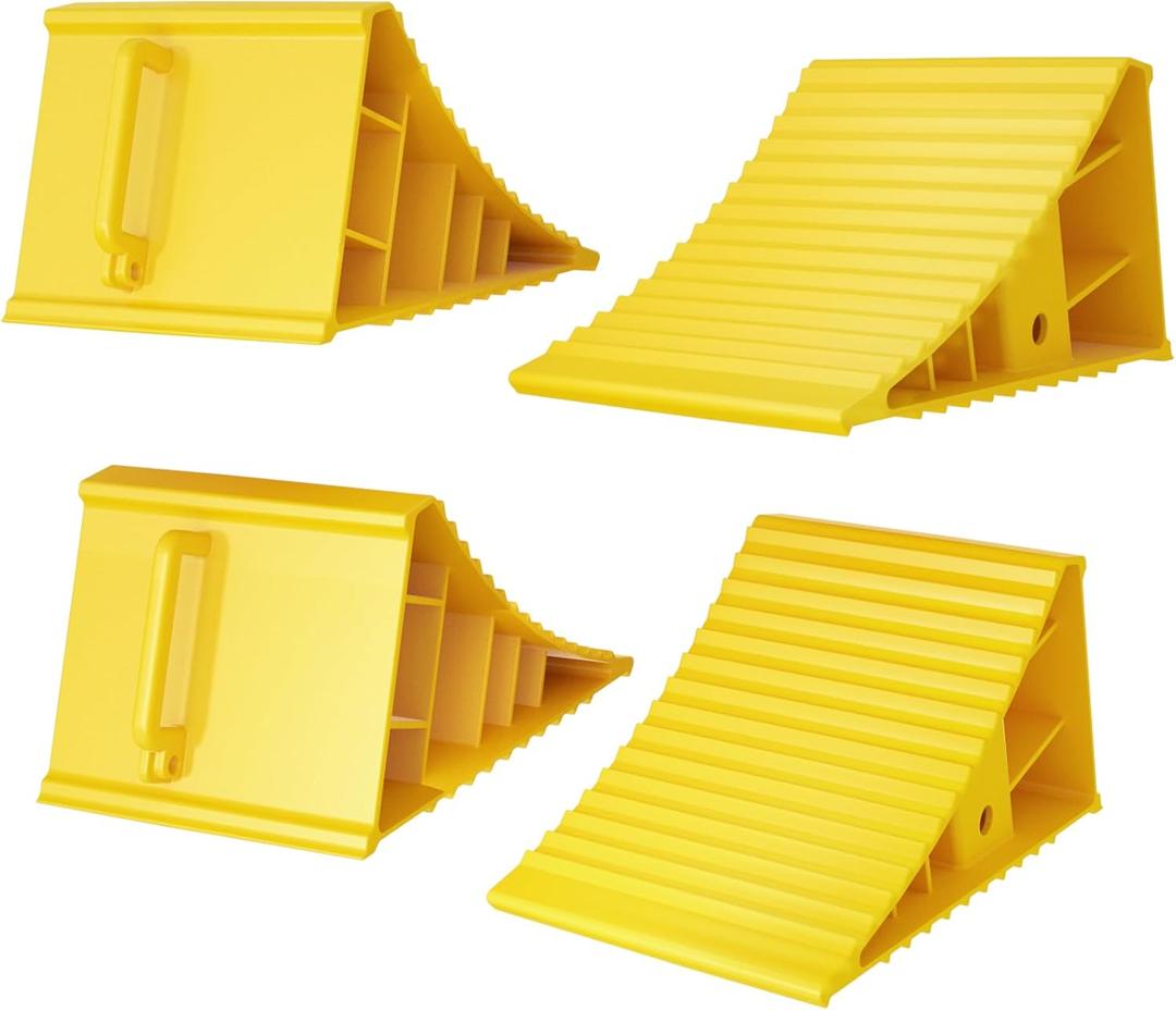 4Pack Wheel Chocks for RV Trailer Non Slip Heavy Duty Yellow Camper Wheel Chocks with Handle for Easy Removal Polypropylene Wheel Stoppers for Cars Campers Trucks Rvs